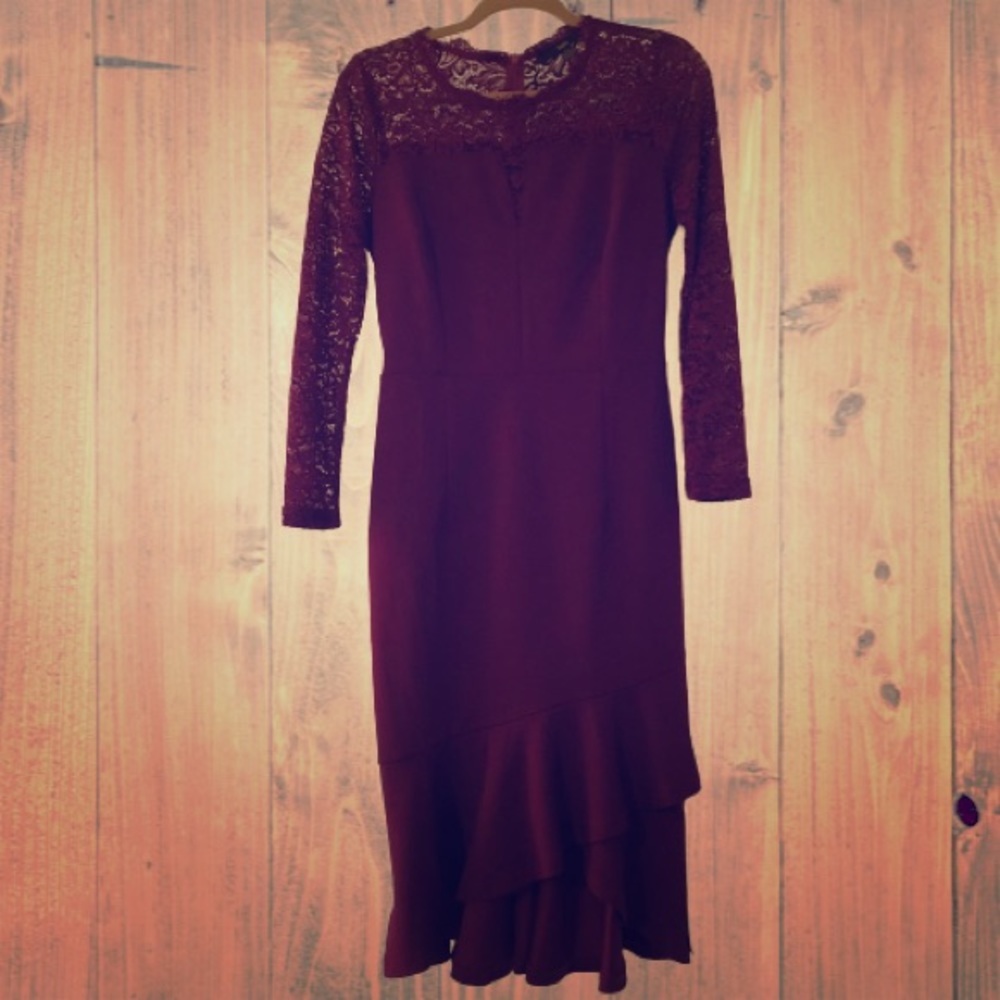 Red Floral lace long sleeve slim fit dress